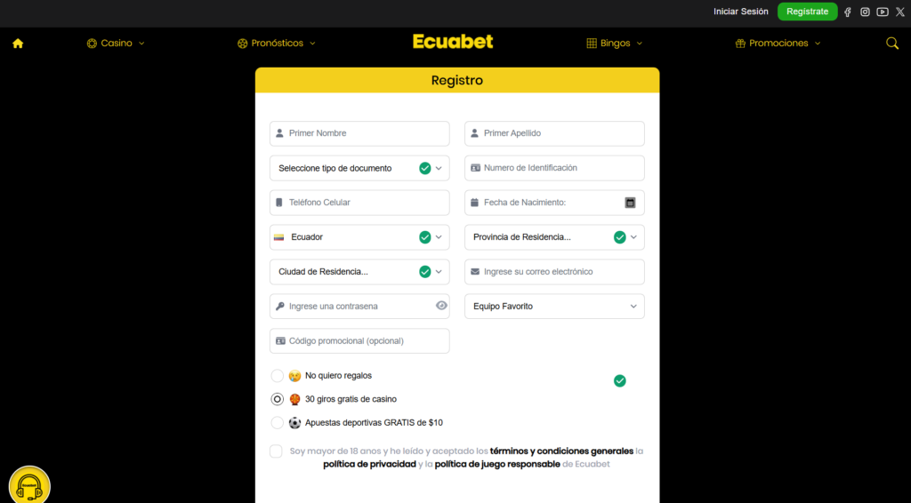 Proceso de registro Ecuabet